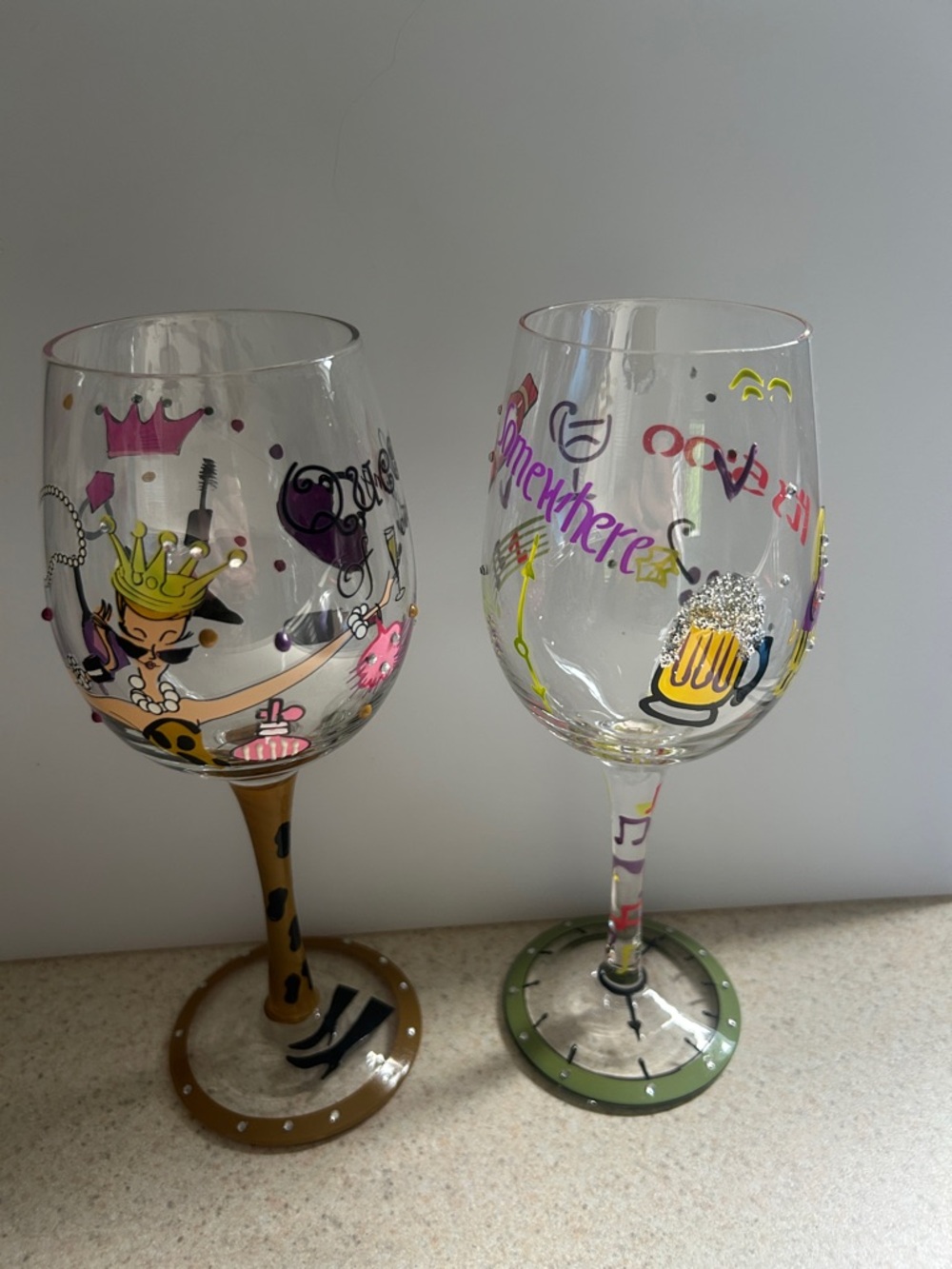 Hand-Painted Colorful Wine Glasses Set - Pink, Purple, Yellow Accents